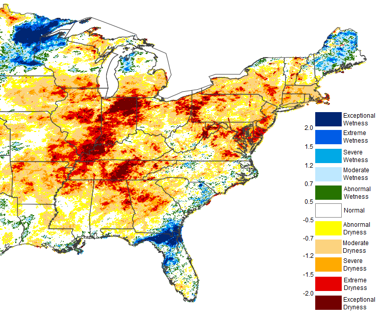 Map displaying Standardized Precipitation Index indicating severe drought across the Tennessee Valley in June 2012.