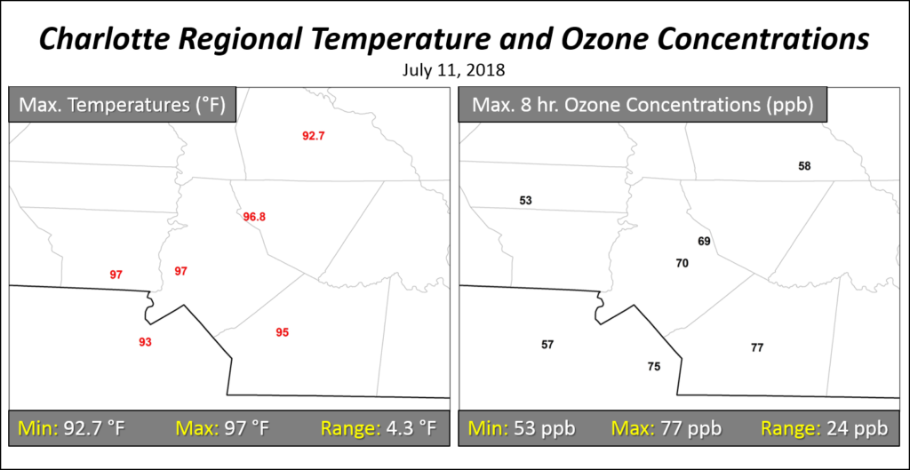 Map showing an example of the significant difference in temperature and ozone variability on a typical summer day.