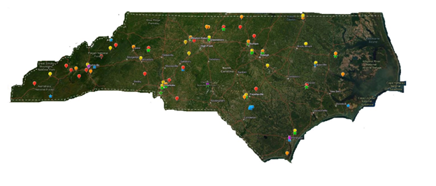 A satellite image of North Carolina is shown. There are pins on the map to show the locations of monitoring sites across the state.