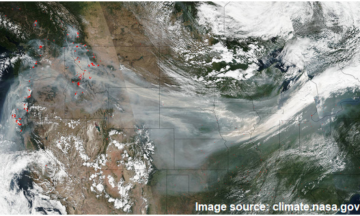 An image from a satelllie showing smoke transport from the September 2017 wildfires in the Pacific Northwest. Hazy brown smoke is being carried by the jet stream from coast to coast across the United States.Actively burning areas are outlined in red. NASA image courtesy Jeff Schmaltz LANCE/EOSDIS MODIS Rapid Response Team, GSFC