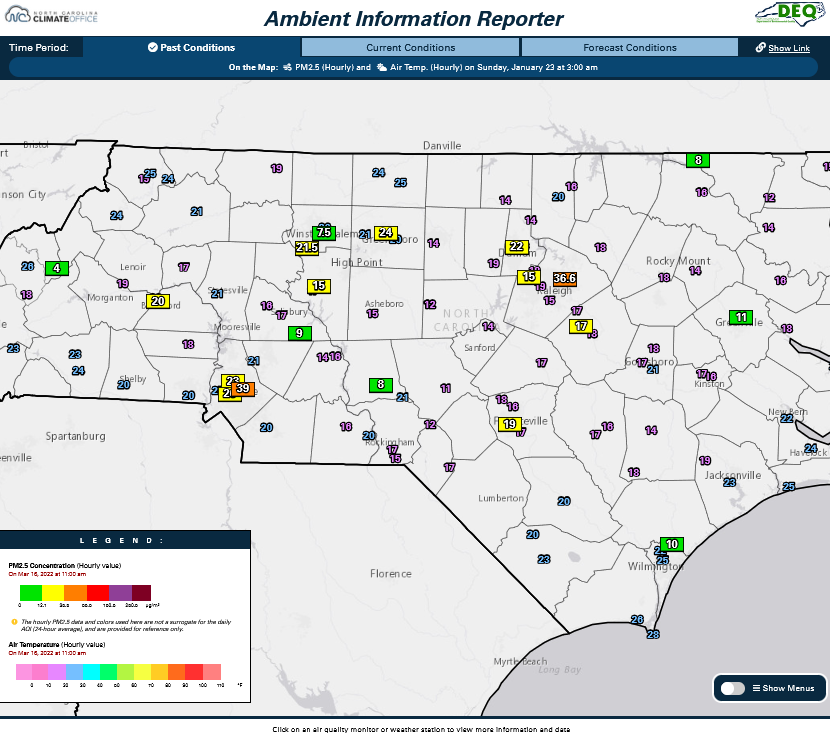 A snapshot of the Ambient Information Reporter tool from the early morning of January 22, 2022. There are elevated readings of fine particle pollution over the interior, with several sites in the mid-upper Code Yellow range. There are two monitors in the Code Orange range, one in the Triangle and one in the Charlotte area.