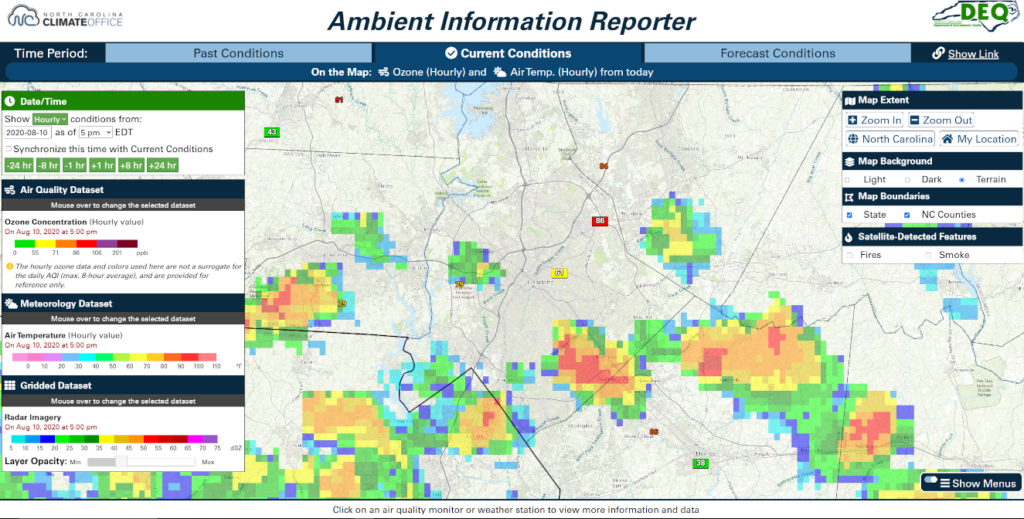 A screenshot of the AIR tool showing ozone concentrations, air temperatures, and radar imagery near Charlotte, NC