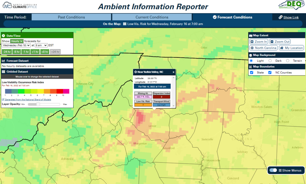A screenshot of the AIR tool showing gridded Low Visibility Occurrence Risk Index in western North Carolina
