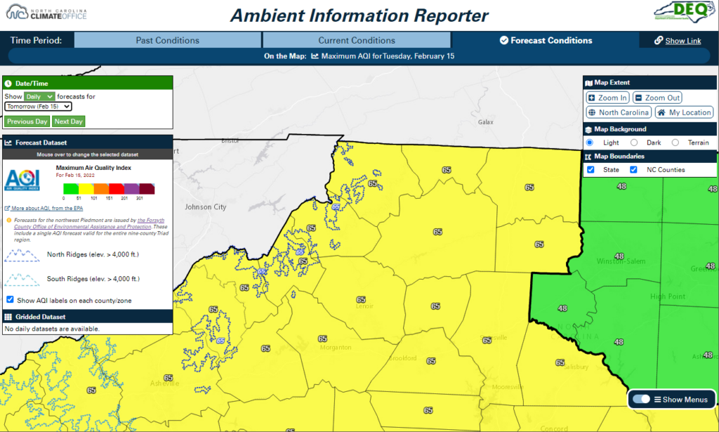 A screenshot of the AIR tool showing forecasted Air Quality Index for northwest North Carolina