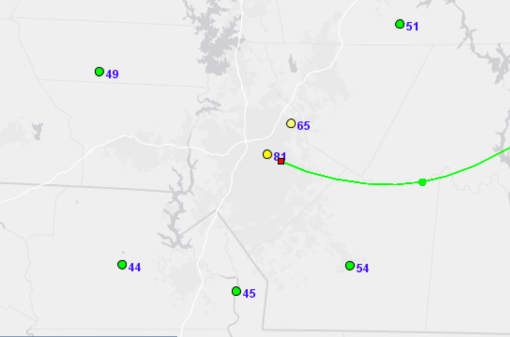 A map of hourly air quality monitor observations (ppb) and model-predicted air parcel trajectory (green line) for the next 8 hours originating from downtown Charlotte on June 18, 2018.