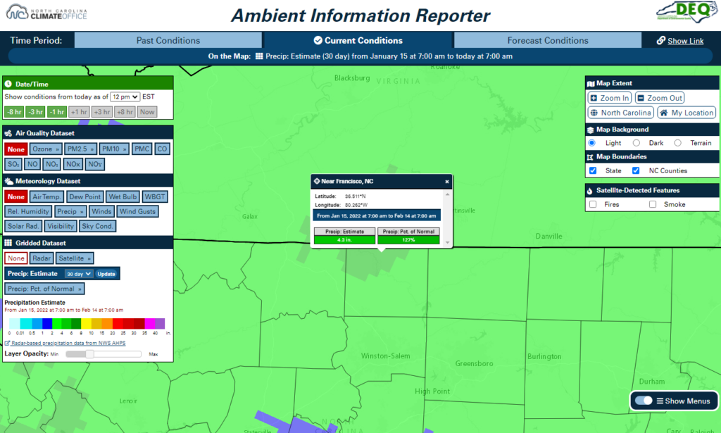 A screenshot of the AIR tool showing a gridded 30-day precipitation estimate for the northwest Piedmont