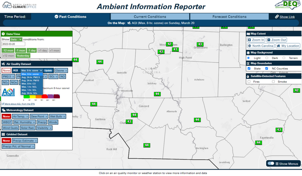 A screenshot of the AIR tool showing daily ozone AQI data being selected from the menu