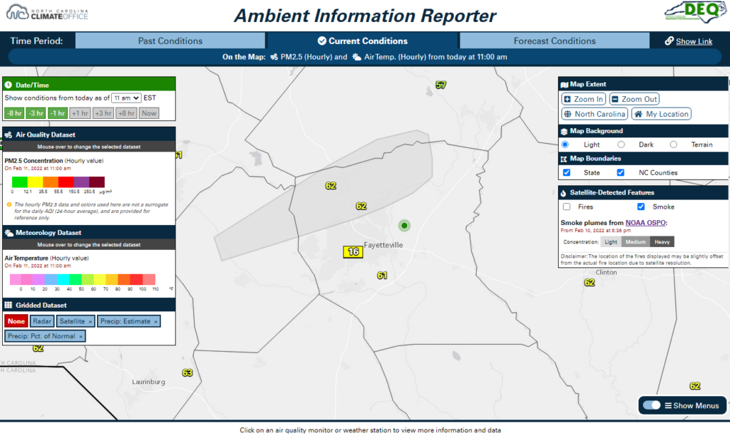 A screenshot of the AIR tool showing monitor data and satellite-detected smoke plumes in Cumberland County