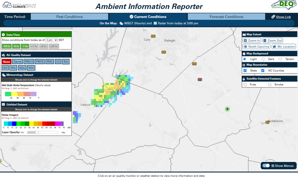 A screenshot of the AIR tool showing hourly air temperatures and radar imagery in Harnett and Johnston counties