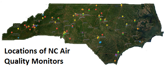 Map of North Carolina displaying location of air quality monitors