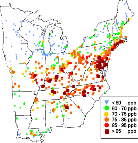 Map showing the maximum 8-hour ozone concentrations on June 29, 2012.