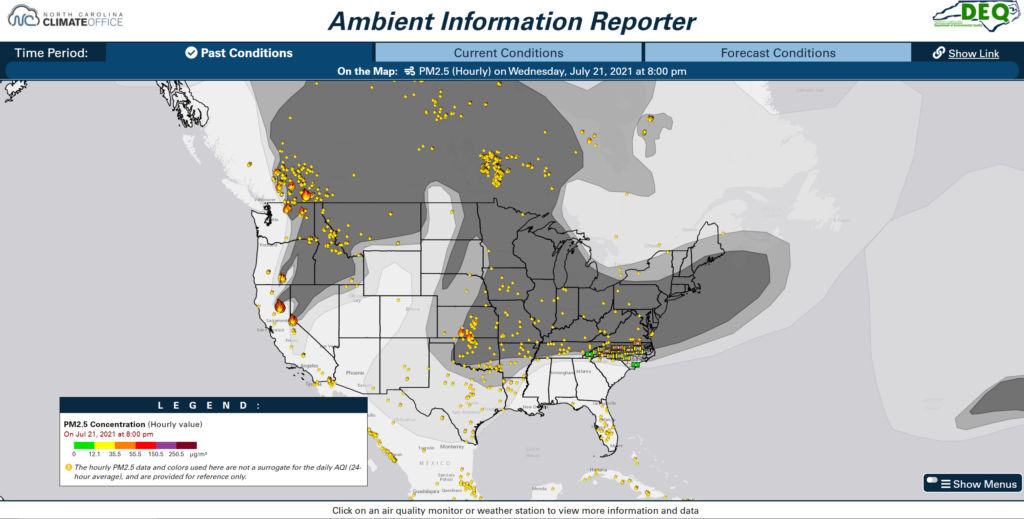 PM2.5 concentrations and NOAA OSPO’s fire detect and smoke analysis at 8 pm on July 21, 2021.