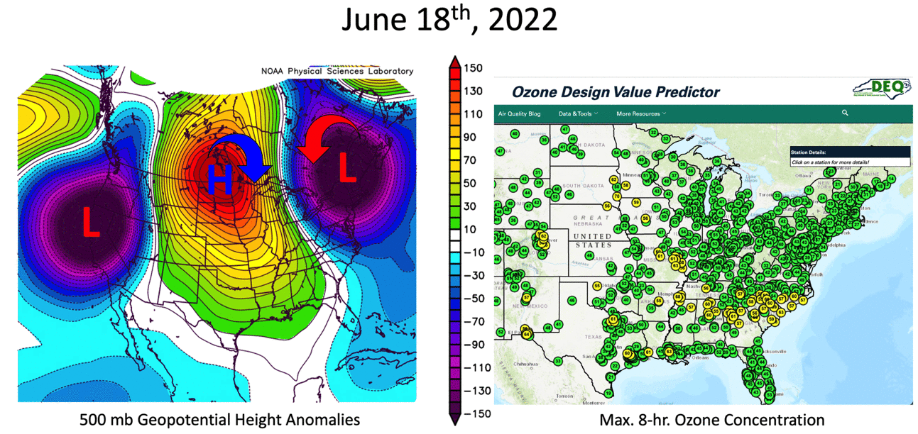 An animation of the upper-level weather pattern (left) and maximum 8-hour ozone concentrations (right) from June 18 to 24, 2022.