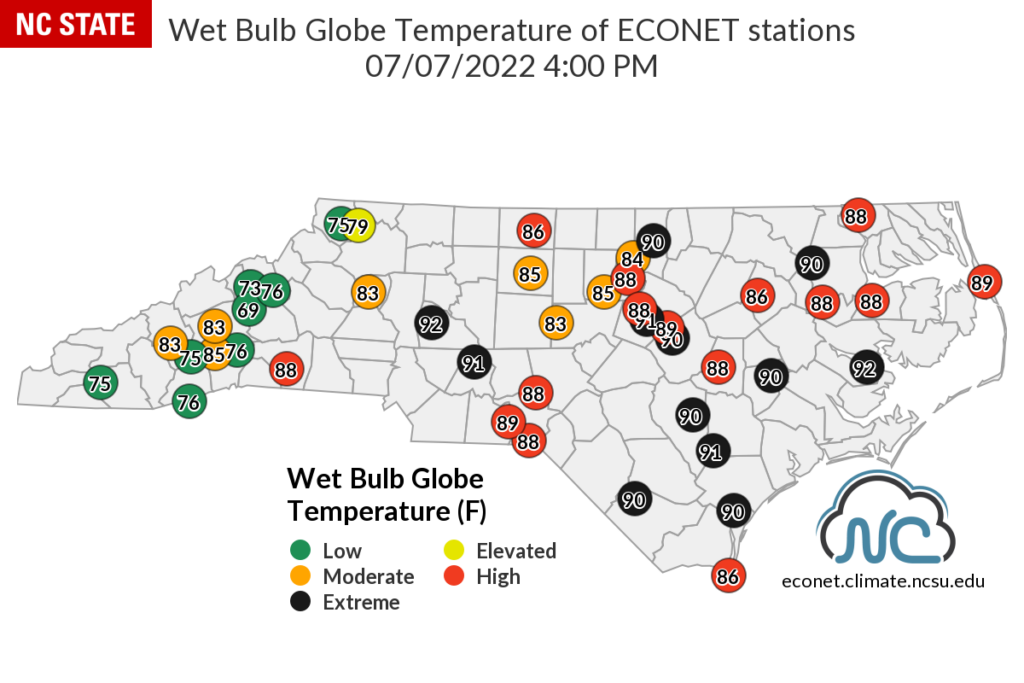 Wet Bulb Globe Temperature among the ECONet on July 7, 2022, at 4 pm. 