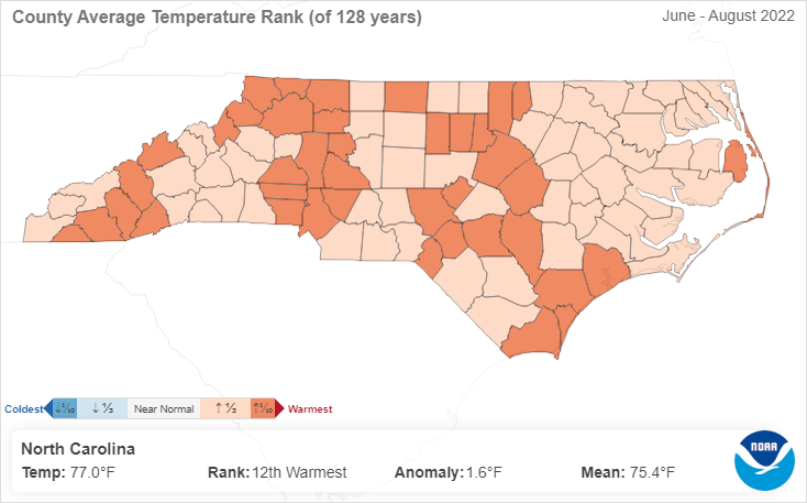 The summer temperature ranking, by county, for June through August 2022. 