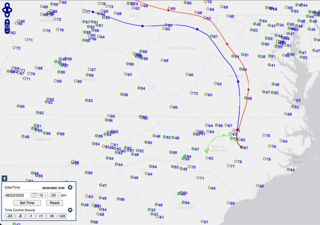 Back trajectories indicate that the air mass over NC on June 22 originated from the Ohio Valley region from the previous day at mid-levels (blue line) and and upper levels (red line). 