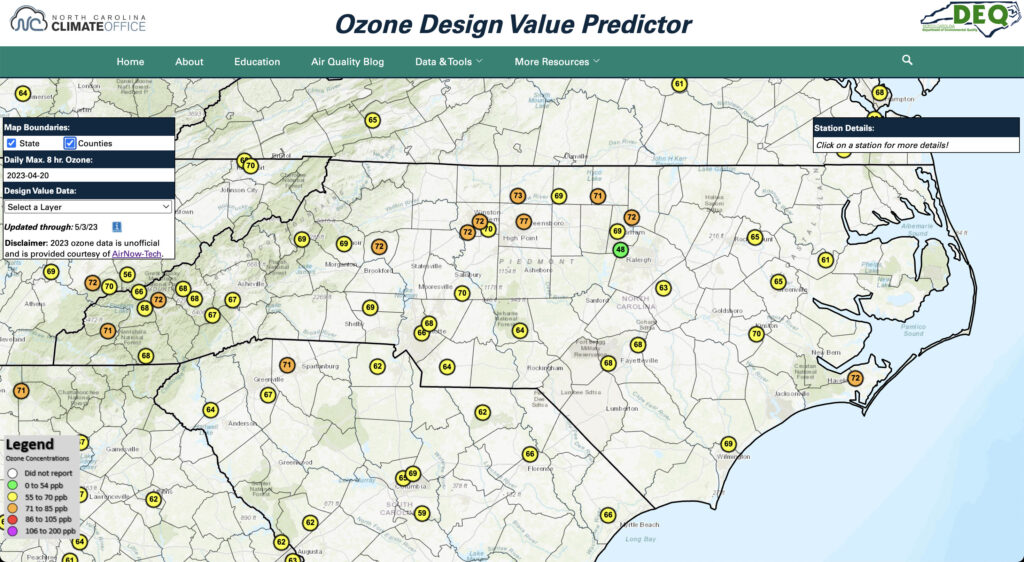 Max. 8-hr ozone concentrations for 4/20/23 across NC.