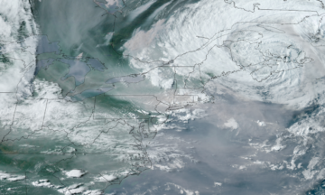 Satellite imagery with smoke visible across the eastern U.S.