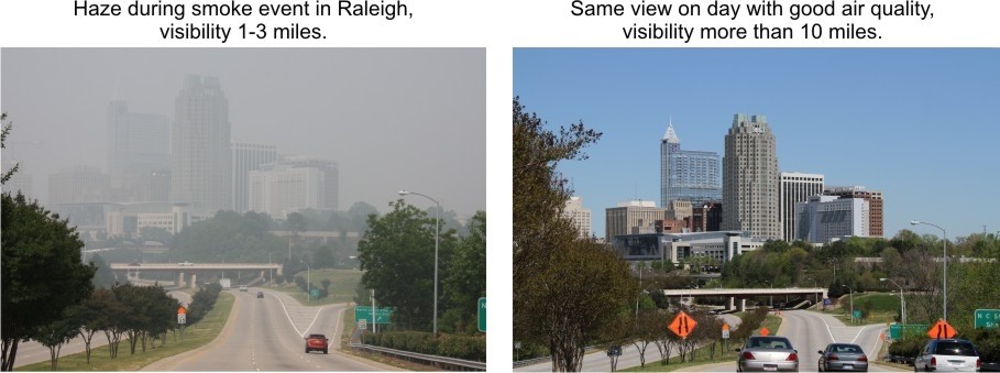 Hazy vs. clear day visibility comparison in downtown Raleigh.