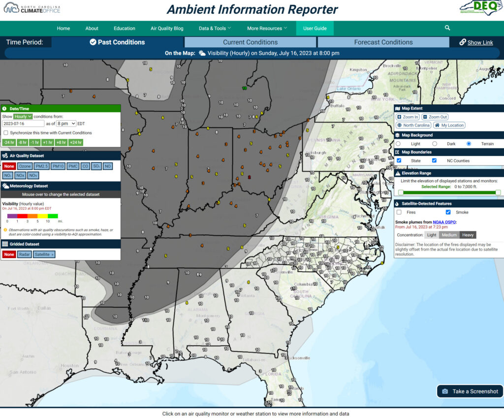 New visibility AQI color coding highlights where surface obscurations are reported.